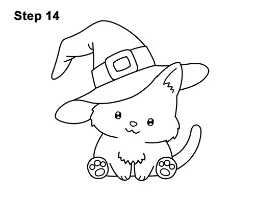 How to Draw Cute Cartoon Cat Kitten Witch Hat Halloween 14