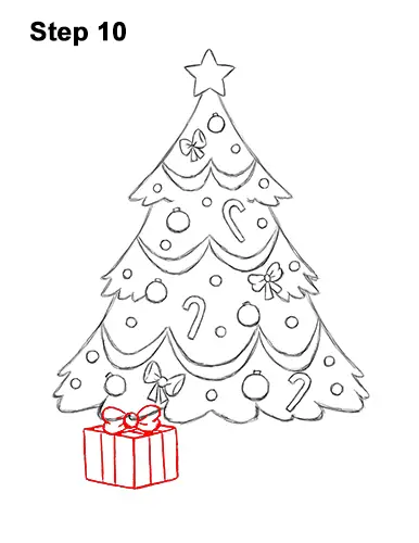 How to Draw Cartoon Christmas Tree with Presents 10