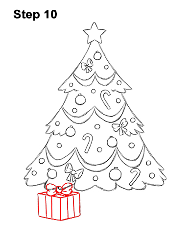 how to draw a christmas tree with presents step by step