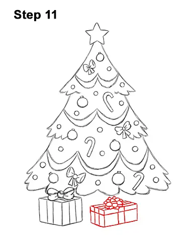 How to Draw Cartoon Christmas Tree with Presents 11