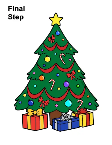 How to Draw Cartoon Christmas Tree with Presents